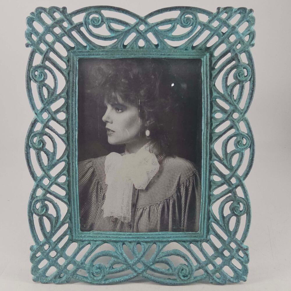 Vintage ornate filigree turquoise patina metal Photo Picture Frame, 5X7
